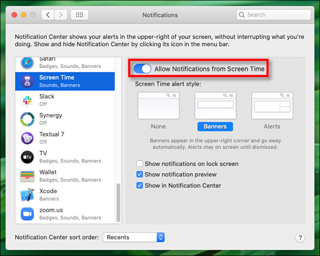 In Notifications preferences for Screen Time, click "Allow Notifications from Screen Time" to turn it off.
