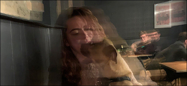 A blurry photo of a woman and a dog.