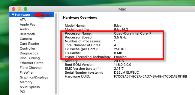 The "Hardware" CPU details.