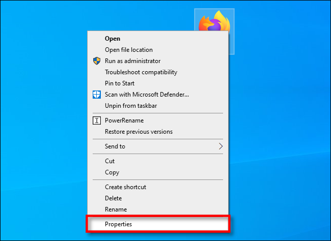 In Windows 10, right-click a desktop shortcut and select "Properties."