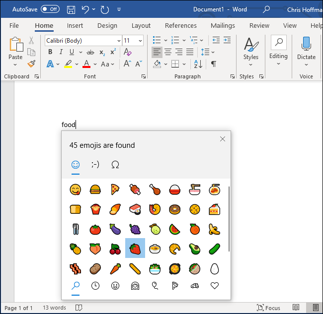 Searching for a food emoji in Microsoft Word.
