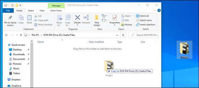 Copying files to a live file system disc in Windows 10.