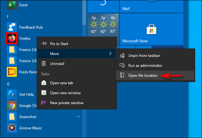 Finding an application's shortcut location using the Start Menu in Windows 10