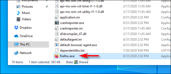 Locating an application's EXE file in File Explorer on Windows 10.