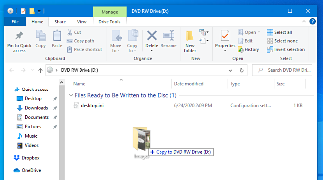 Copying files to a mastered disc in Windows 10.