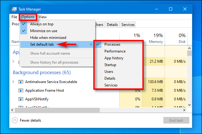 In Task Manager, click Options and select "Set default tab"
