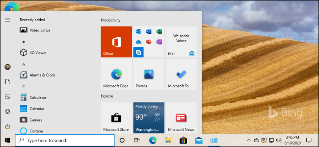 The new light start menu tiles on Windows 10's 20H2 update.
