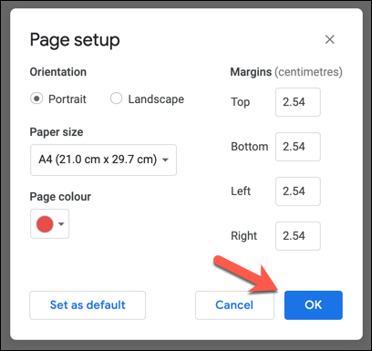 Press "OK" to save your updated Google Docs Page Color settings.