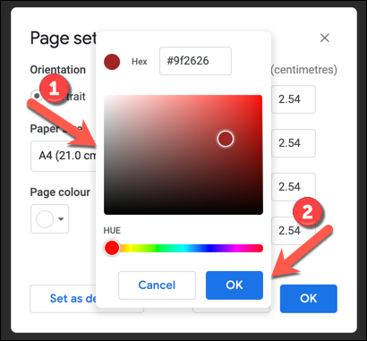 Use the color matching tool to select a new page color, then press OK to save.