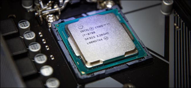 A CPU in its motherboard socket without a cooler mounted on top.