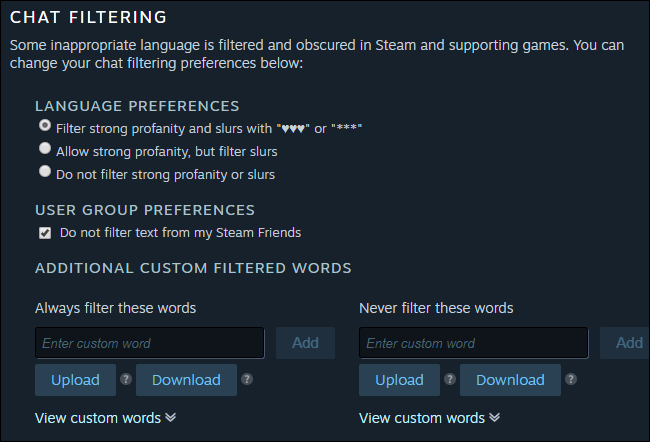 Steam's Chat Filtering options