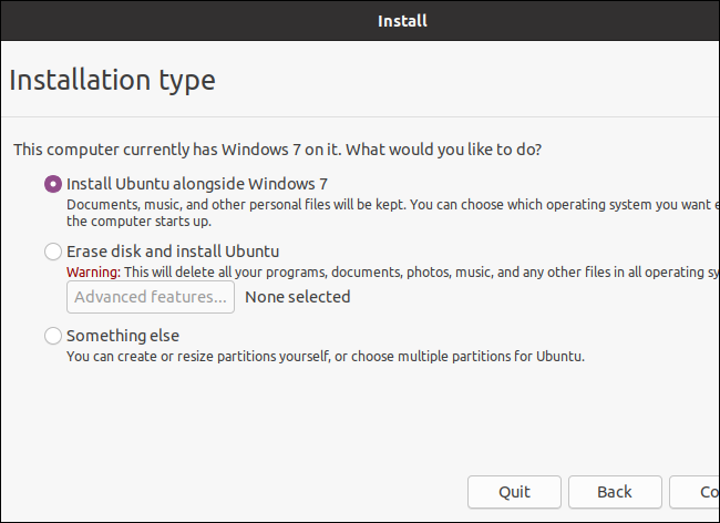 Choosing an installation type while installing Ubuntu