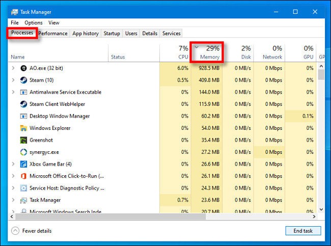 In Task Manager for Windows 10, click the "Processes" tab, then click the "Memory" column header.