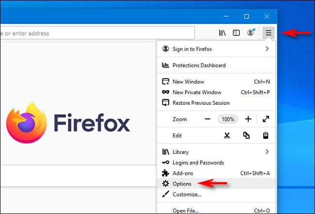 In Firefox, click the hamburger menu and select "Options."