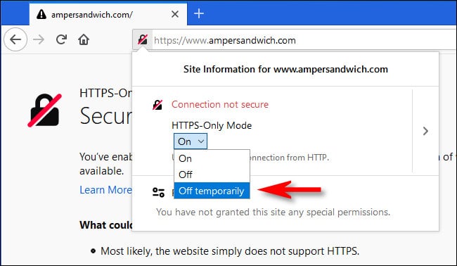 After clicking the lock icon in Firefox, select "Off termporarily" from the HTTPS-Only Mode drop-down menu.