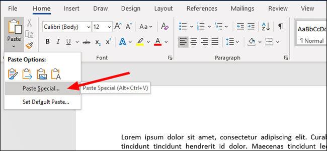 microsoft word paste special