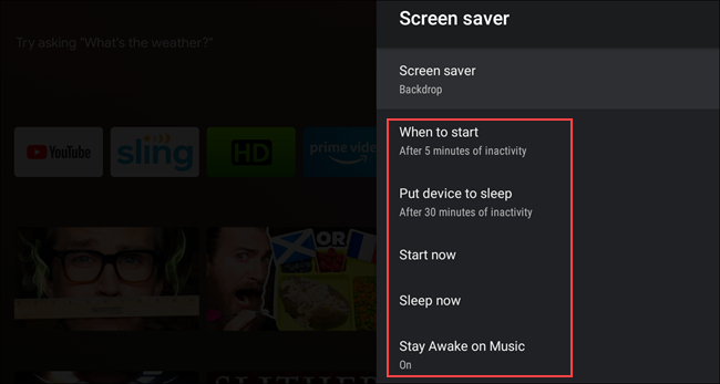The "Screen Saver" menu on Android TV.