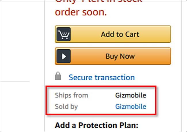 A product listing on Amazon that "Ships From Gizmobile" and is "Sold By Gizmobile."