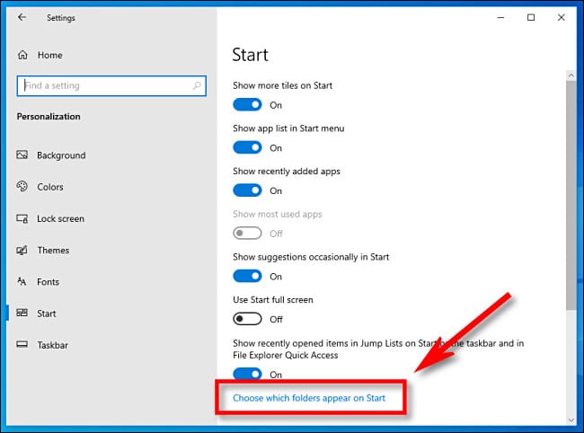 In Windows Settings, click "Choose which folders appear on Start."