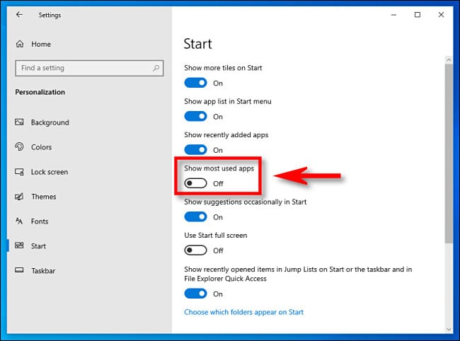 In Windows 10 Settings, click the "Show most used apps" switch to turn it off