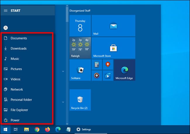 The expanded shortcut sidebar in the Windows 10 Start menu
