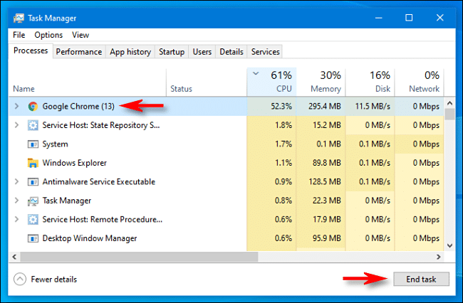 Select the process in Task Manager and click "End Task" in Windows 10.