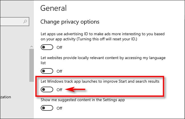 In Windows Settings, click the switch beside "Let Windows track app launches to improve Start and search results" to turn it "Off."