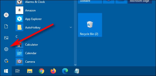 In the Windows 10 Start Menu, click the "gear" icon to open Settings.