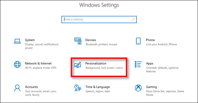 In Windows 10 Settings, click "Personalization."