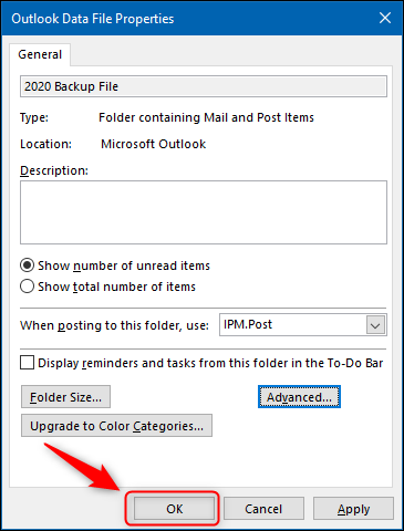 The "OK" button in the Outlook Data File Properties panel.