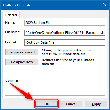 The "OK" button in the Outlook Data File Advanced panel.