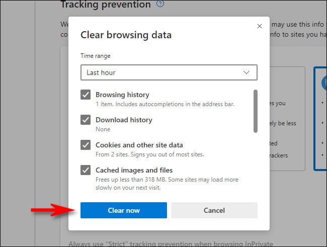 In the Microsoft Edge "Clear browsing data" window, click "Clear now."
