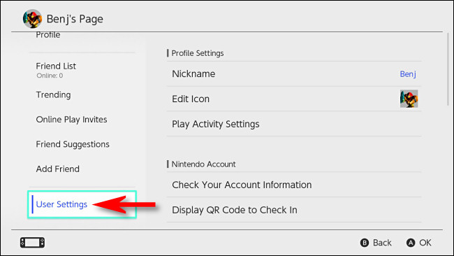 On your Switch profile page, select "User Settings."