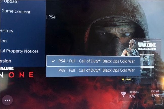 ps5 submenu showing which version of the game is currently selected