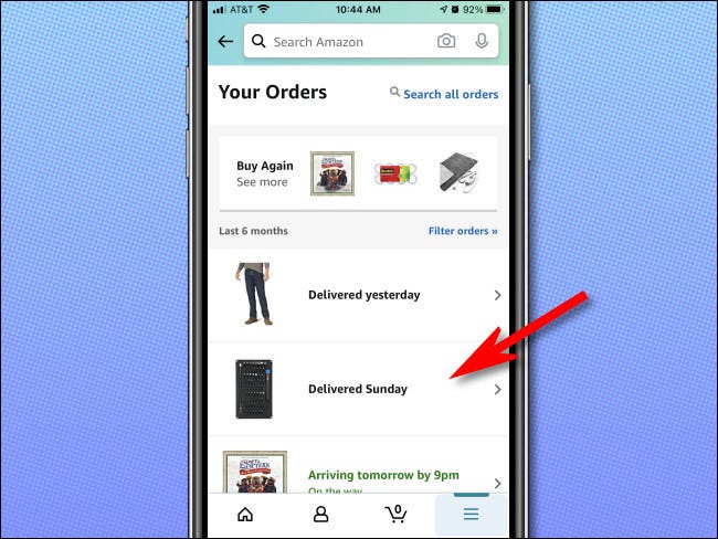 Tap an order from the list on the "Your Orders" page to see it in more detail.