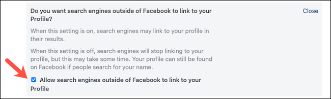 Uncheck search engine setting on Facebook