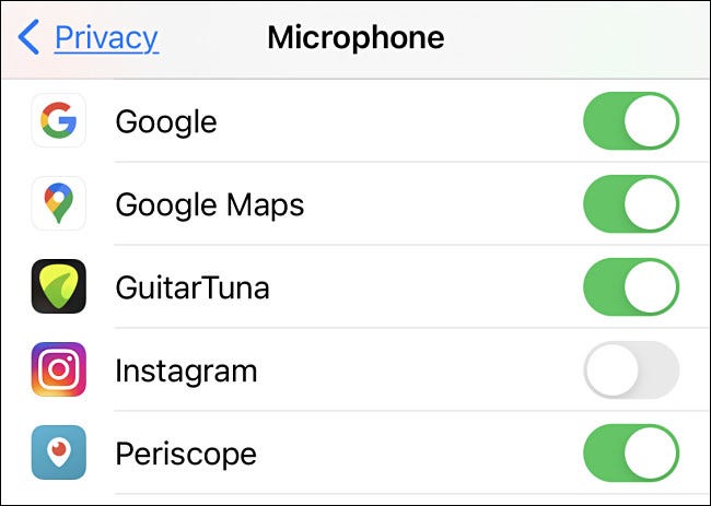 An example list of iPhone apps that can access your microphone in Privacy Settings.
