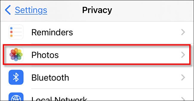 In "Privacy" settings on iPhone or iPad, tap "Photos."