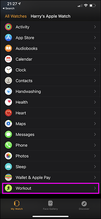 selecting workout in apple watch app on iphone