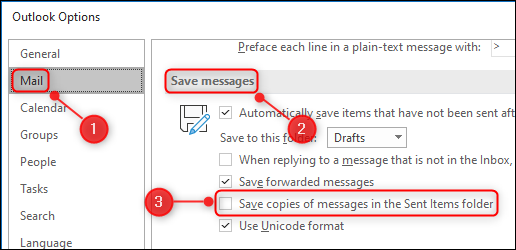 The "Save copies of messages in the Sent Items folder" option.