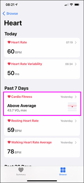cardio fitness option in health app