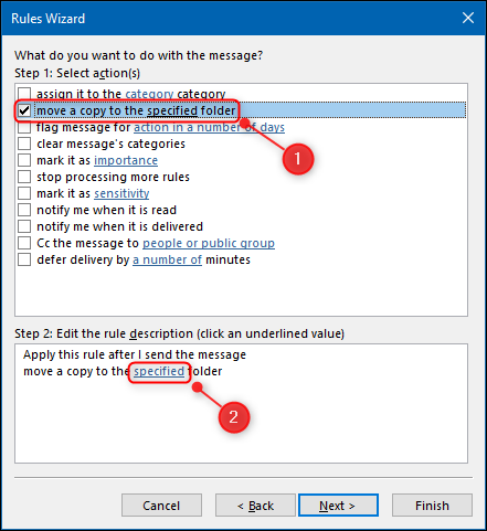 The "move a copy to the specified folder" option in the Rules Wizard.