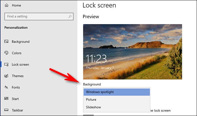 In Windows 10 Lock screen settings, click the "Background" drop-down menu and make a choice.